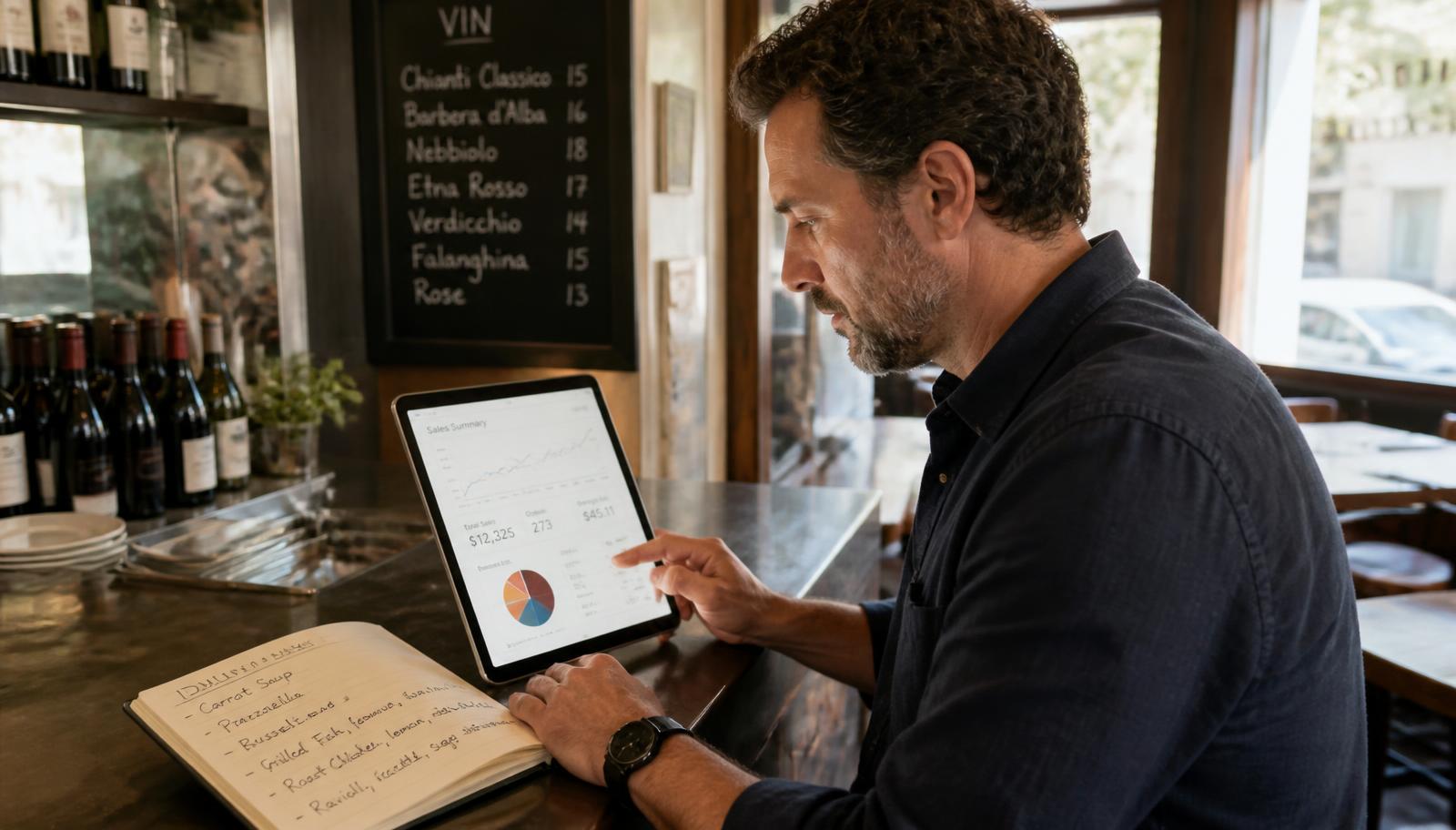 Restaurantinhaber wertet Verkaufszahlen auf einem Tablet an der Theke aus