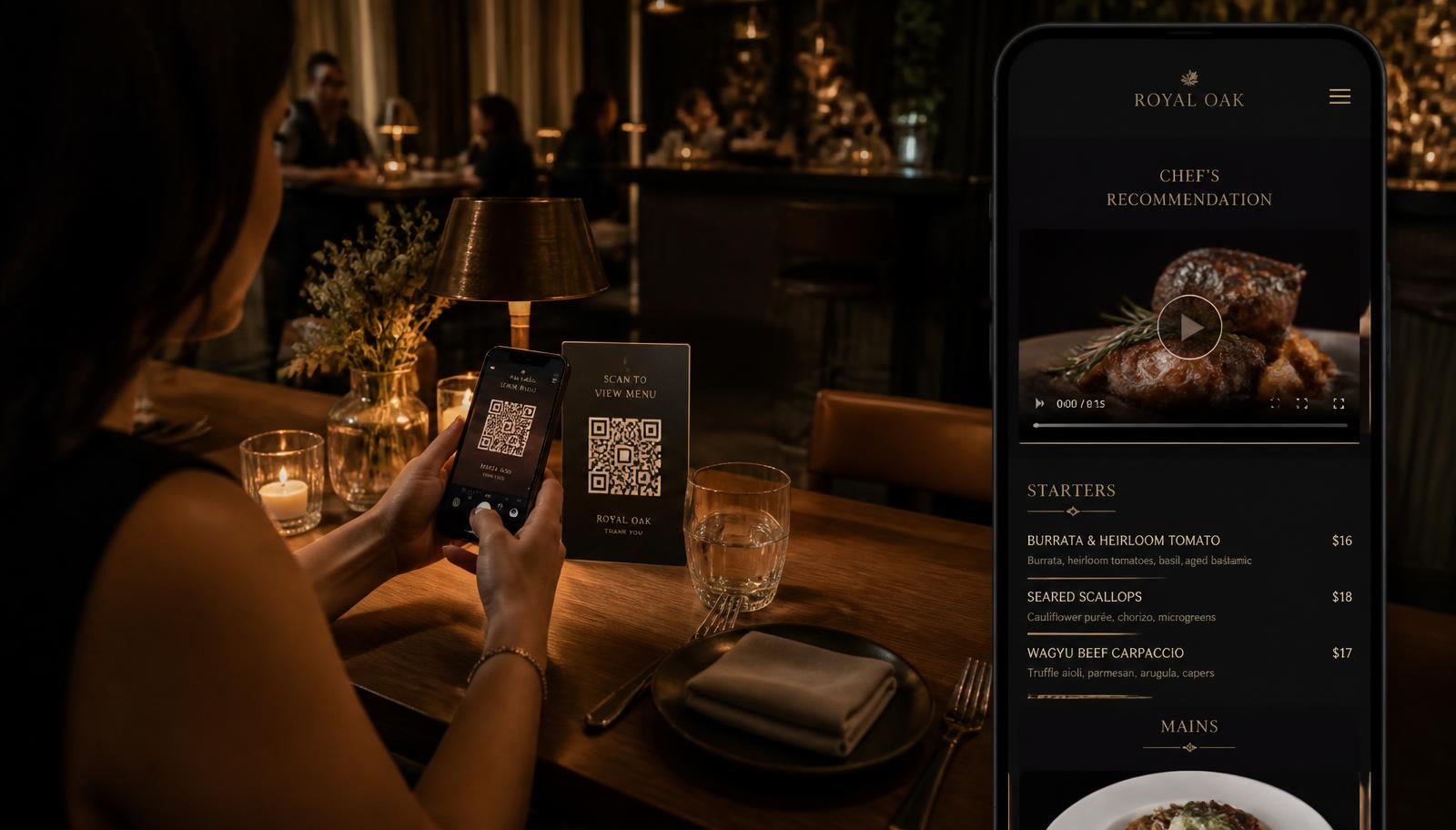 Gast scannt den QR-Code am Tisch und sieht eine digitale Speisekarte mit Videovorschau